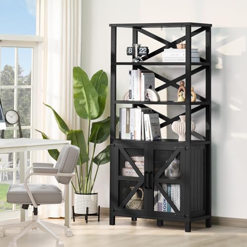 5 Tier Bookshelf 70" Tall Bookcase with Barn Doors,Large Farmhouse Display Book Shelf with Adjustable Shelves and Storage Cabinet，Library Wood Bookshelves for Living Room,Kitchen,Blue(2PCS)