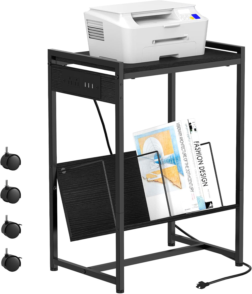 NOVIMANGO Black Record Player Table, Vinly Turntable Stand, Vinyl Record Player Stand End Table with Charging Station Bedroom Nightstand 2 Tier Records Player Holder for Living Room Office