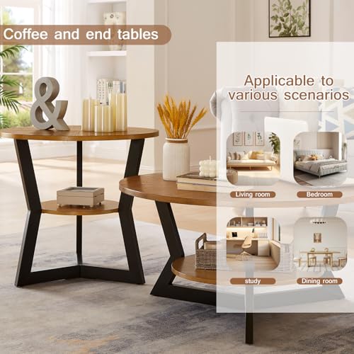 Round Wood Coffee Table with 2-Tier Storage Rack, Metal Legs, 35 x 35 x 17 in L99003
