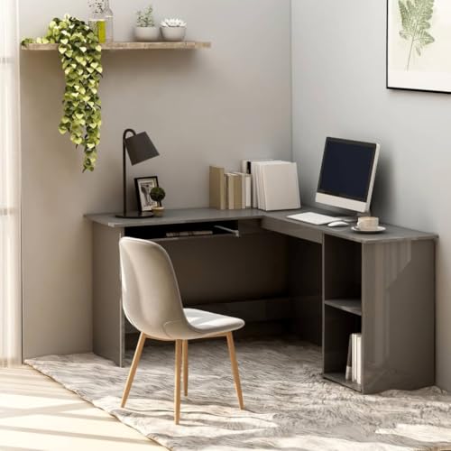 L-Shaped Corner Desk High Gloss Gray 47.2"" x 55.1"" x 29.5"" Engineered Wood,Modern LShaped Corner Office Desk with Sliding Keyboard Tray and Shelves Home Office Furniture, Grey