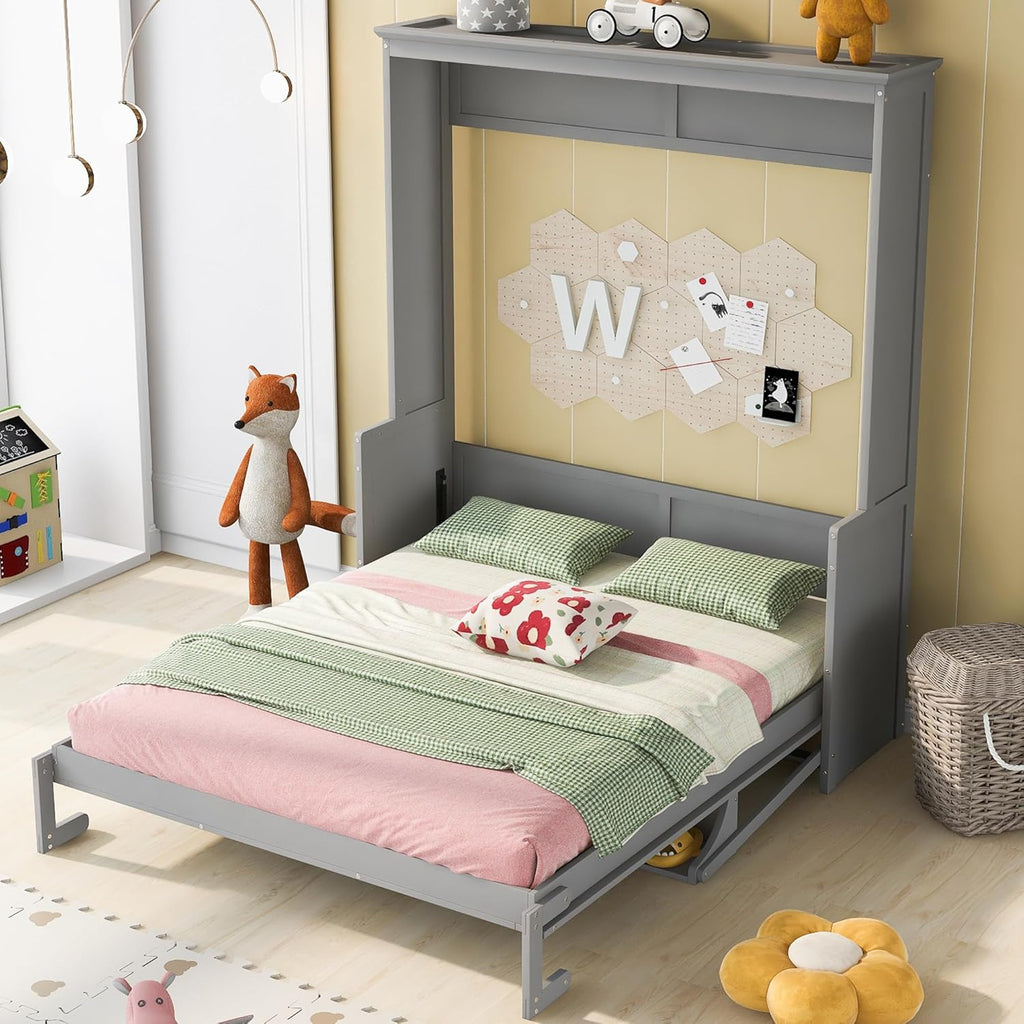 Queen Murphy Bed with Shelf, Space-Saving Wall Bed, Gray O8757