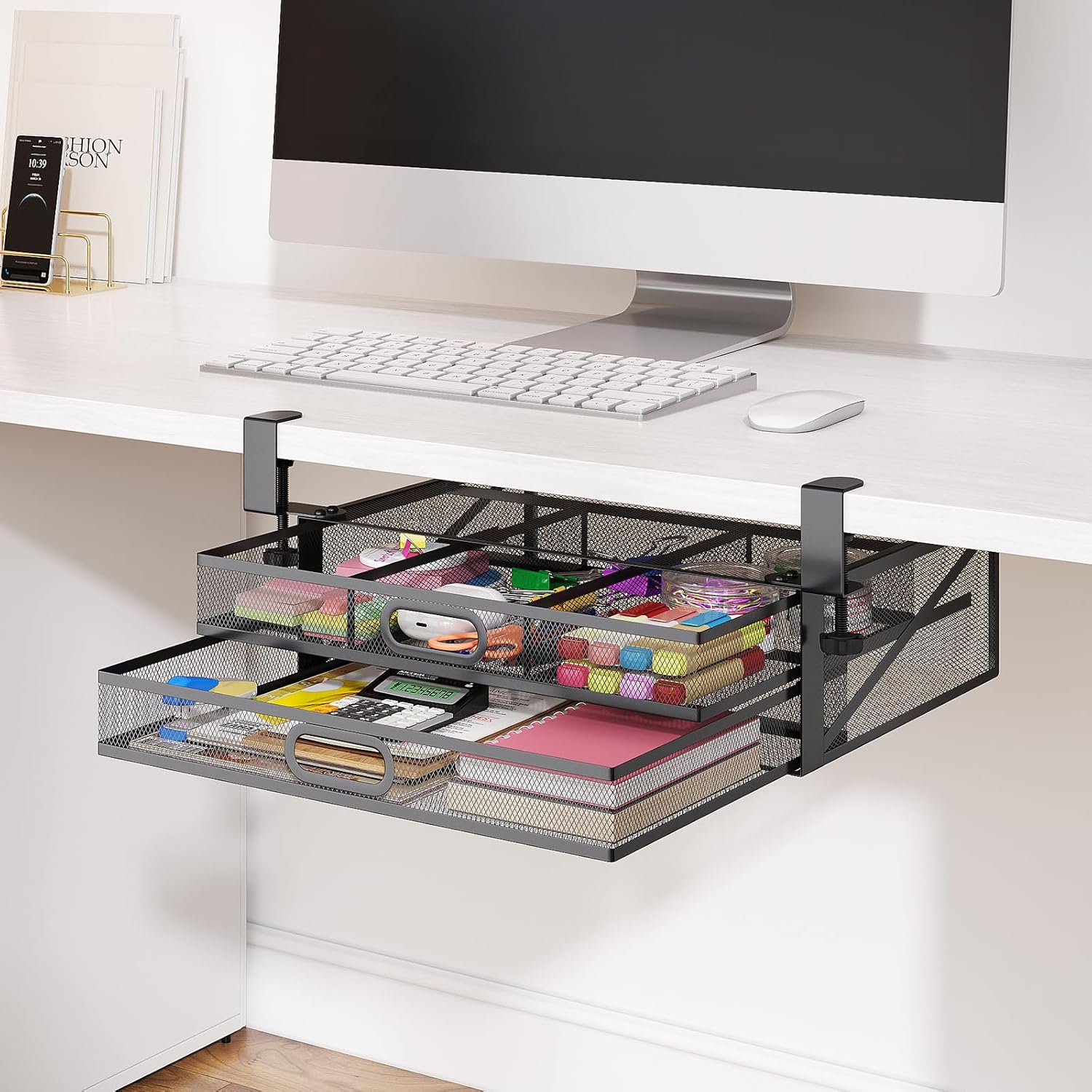 Under Desk Drawer Organizer No Drilling Under Desk Storage Drawer Metal Under Desk 2 Drawer Slide Out Drawer Clamp On Suitable for Home and Office (Large 15.6x12x4.7 Inches)