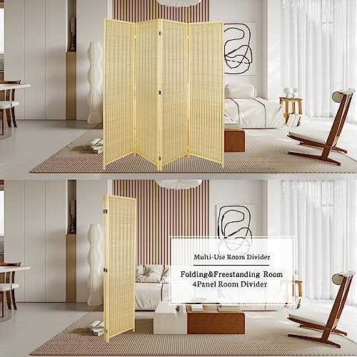 ECOMEX Bamboo Room Divider, 4 Panel Folding Privacy Screen with Shelves, Natural X59756