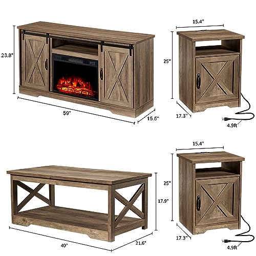 AMERLIFE 5-Piece Farmhouse Table Set with Fireplace TV Stand, Coffee Table & 2 End Tables P884