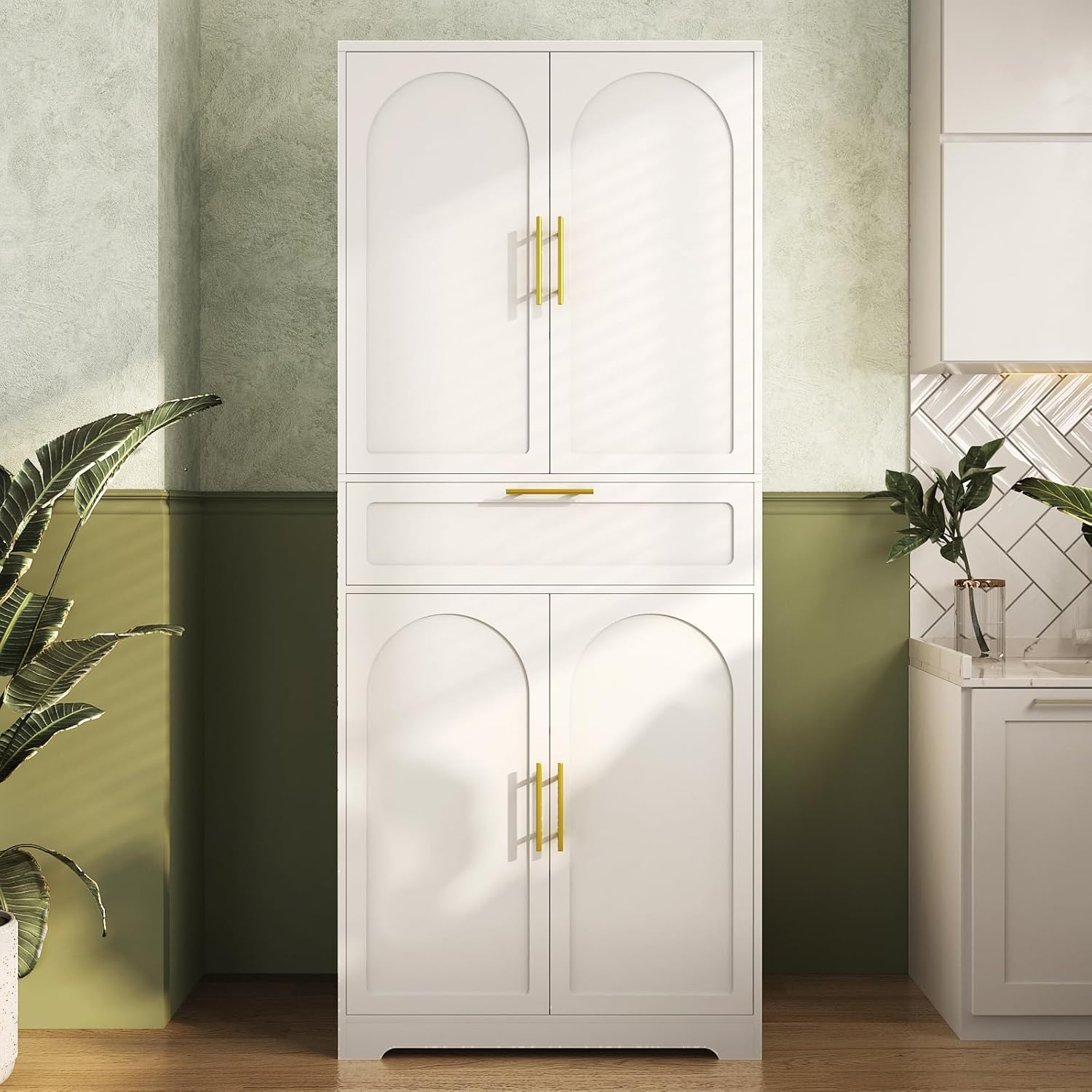 71" Kitchen Pantry Storage Cabinet with Adjustable Shelves, White F9467