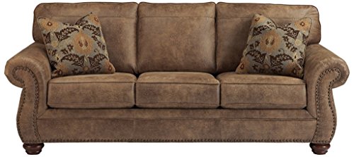 Signature Design by Ashley Olsberg Faux Leather Sofa with Nailhead Trim and 4 Accent Pillows, Gray & Olsberg Faux Leather Manual Rocker Recliner with Nailhead Trim, Gray
