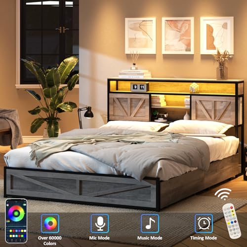 Queen Size Bed Frame with Charging Station and 4 Drawers, Wash Grey F262655