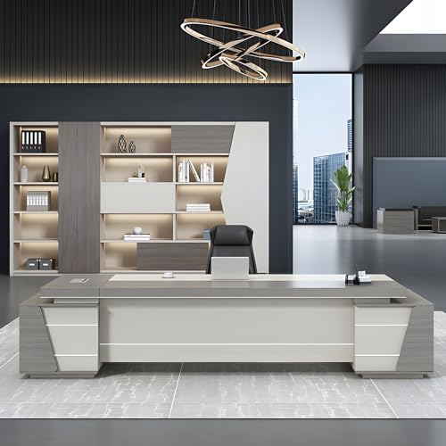Modern Gray L-Shaped Executive Desk with Cord Management and Side Cabinet Z532159