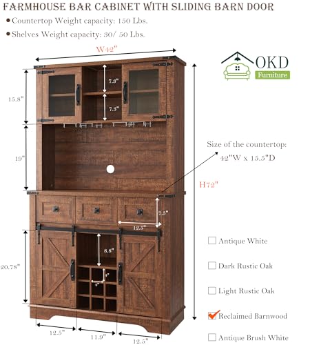 OKD 72" Farmhouse Bar Cabinet with Sliding Barn Door, Rustic White W997