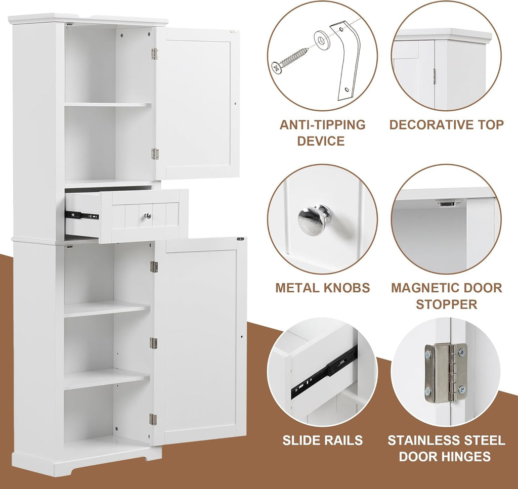 DofFo Tall Linen Bathroom Storage Cabinet with 2 Doors and 1 Drawer, White H558024