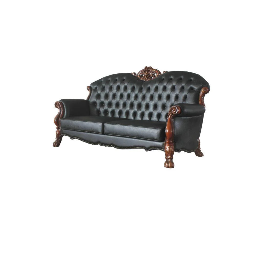 Luxury Vintage Cherry Oak & Black PU Dresden Sofa Set 3P ACME B342