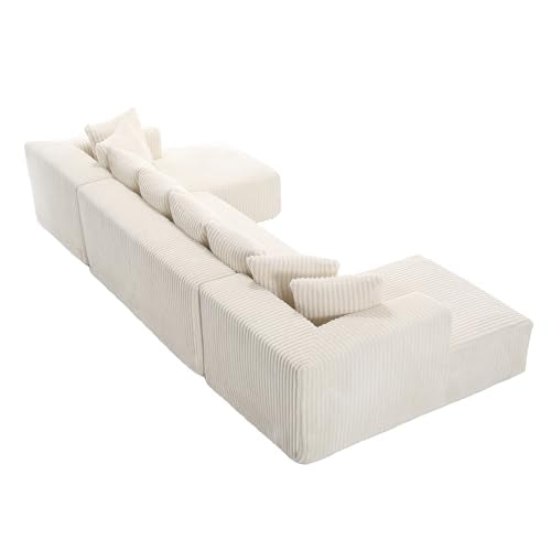 Modular Sectional Couch U-Shaped Sofa with Chaise Lounge, Striped Corduroy, White A846