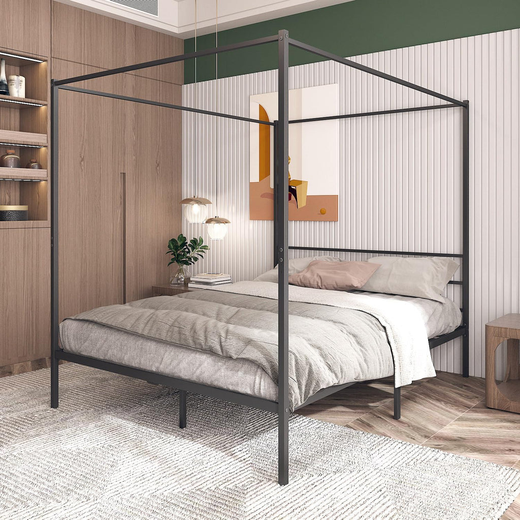 Queen Size Black Metal Canopy Bed Frame with Headboard Q5090