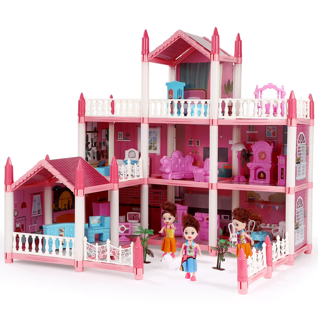 Children's Play House Toy Girl's Imitation Doll 9 Rooms Pink Toys Childrens Princess Mansion Playhouse With Accessories