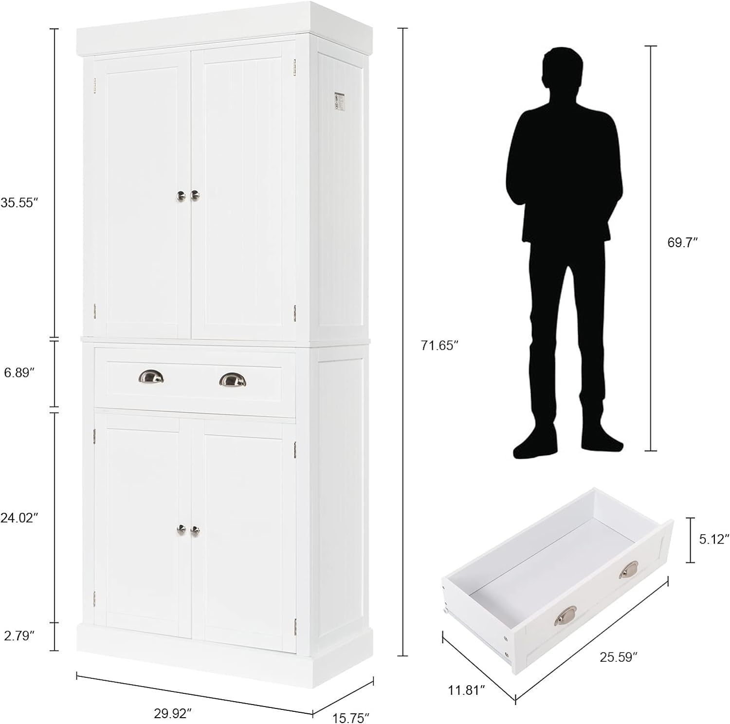 Freestanding Kitchen Pantry Cabinet with Doors and Shelves, White E981785