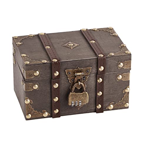 Vintage Wooden Treasure Chest Box with Lock, Small Rectangle Antique Wood Storage Jewelry Boxes European Decorative Handmade Case Holder Organizer Trinket Keepsake for Home Bedroom Decor (Grey)