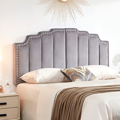 Kingfun Mid Century Velvet Upholstered Headboard for King Size Bed, Grey W923143