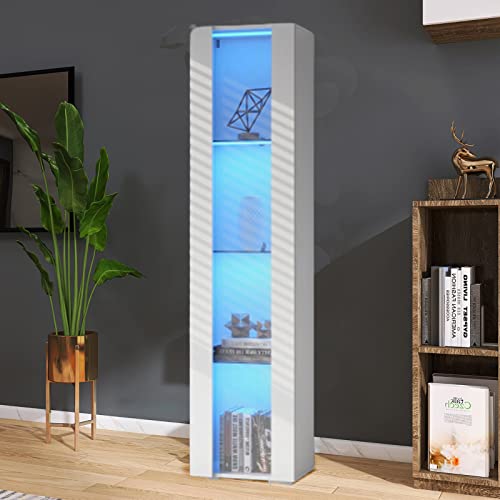 Modern 4-Shelves Display Cabinet with Clear Acrylic Door, Curio Cabinet Collection Display Case with LED Light for Home Office 12" D x 16" W x 68" H
