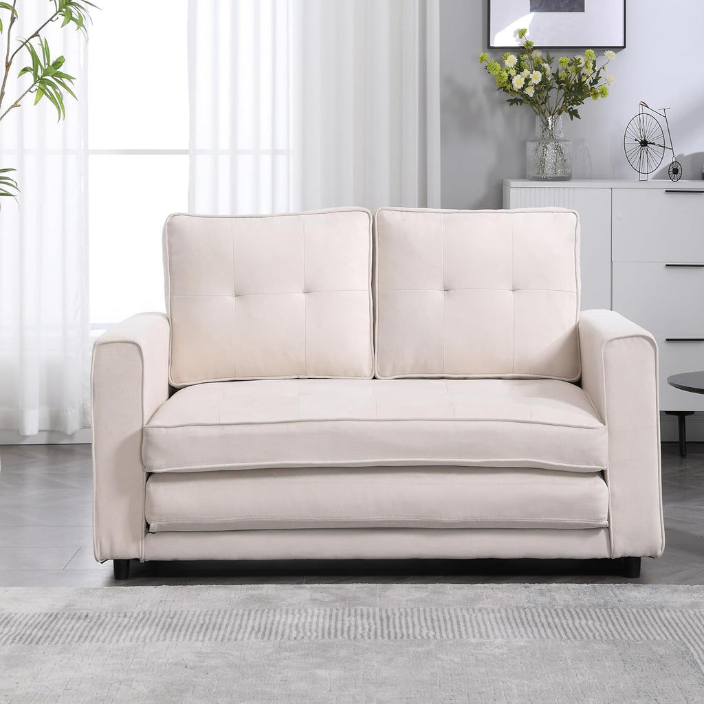 3 Fold Sofa,Convertible Futon Sleeper sofabed,Space Saving loveseat,Pull Out Couch Bed for Living Room,Velvet Linen Fabric, Beige