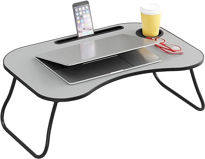 Foldable Laptop Table with Cup Holder & Tablet Slot, Gray J3294