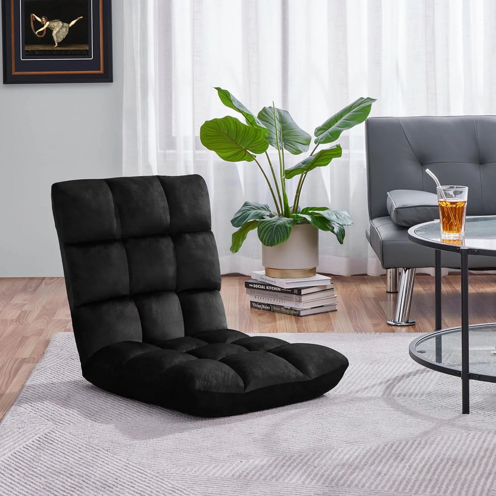 Adjustable 14-Position Floor Chair Folding Gaming Sofa with Back Support, Black J820108