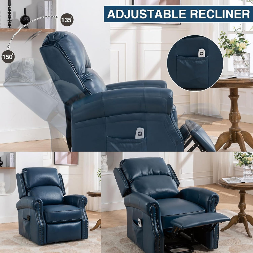 Navy Blue Electric Power Lift Recliner Chair with Faux Leather and Side Pocket J4451