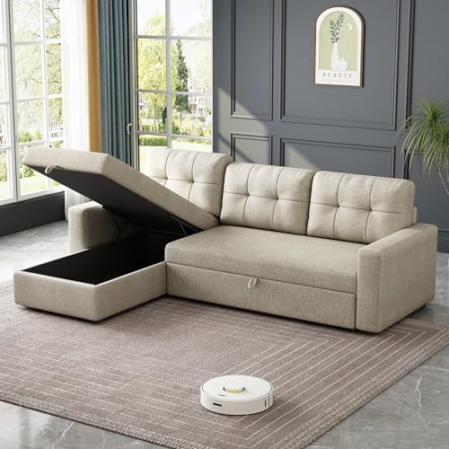 81.5" L-Shape Sleeper Sectional Sofa with Storage Chaise and Pull-Out Bed, Beige Q819814