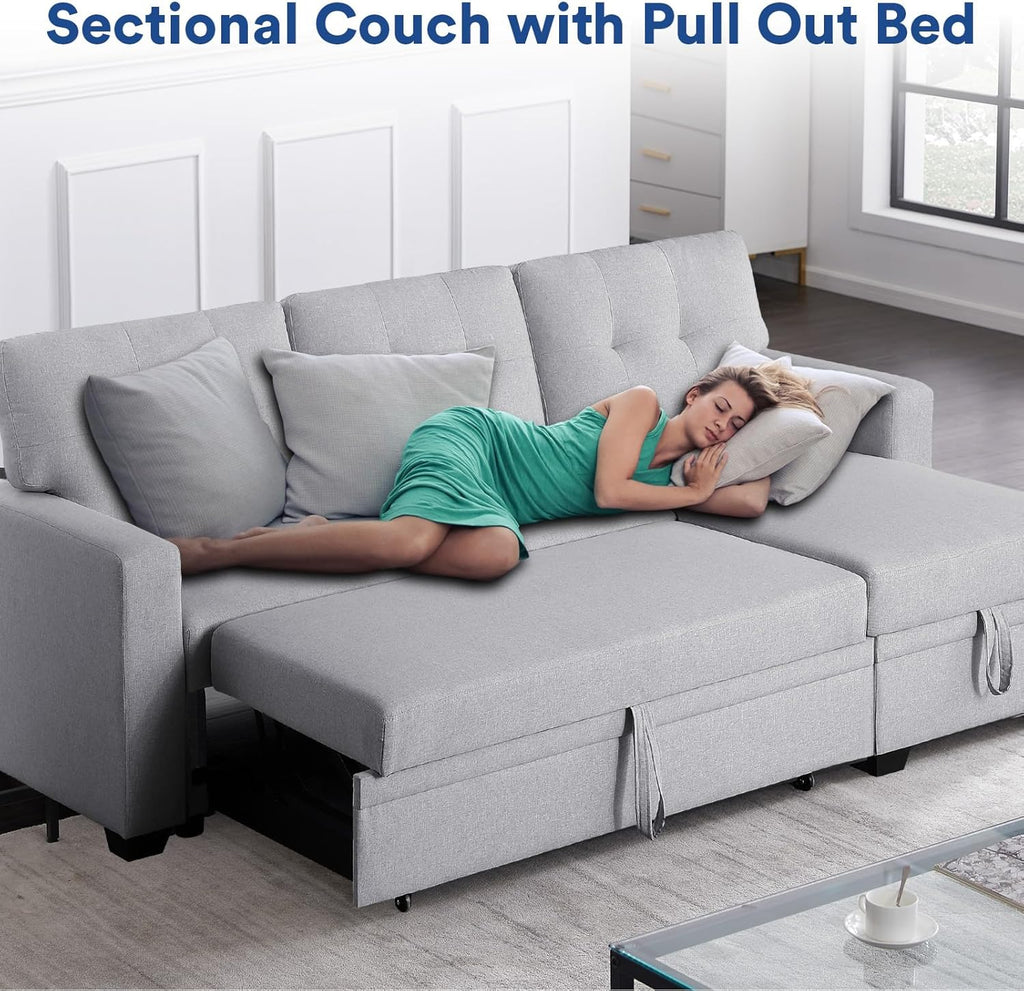 4-in-1 Convertible L Shaped Couch with Pull Out Bed and Storage, Light Gray G8799