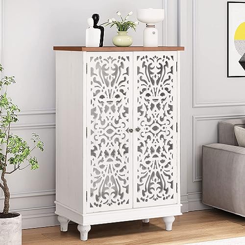 MFSTUDIO Small Accent Storage Cabinet with 1 Door, Farmhouse Hollow-Carved Floral Distressed Decorative Wood Cabinet Nightstand Side Table Sofa Table for Living Room, 13.8" Dx18.9 Wx31.5 H, White