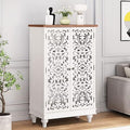 MFSTUDIO Small Accent Storage Cabinet with 1 Door, Farmhouse Hollow-Carved Floral Distressed Decorative Wood Cabinet Nightstand Side Table Sofa Table for Living Room, 13.8" Dx18.9 Wx31.5 H, White