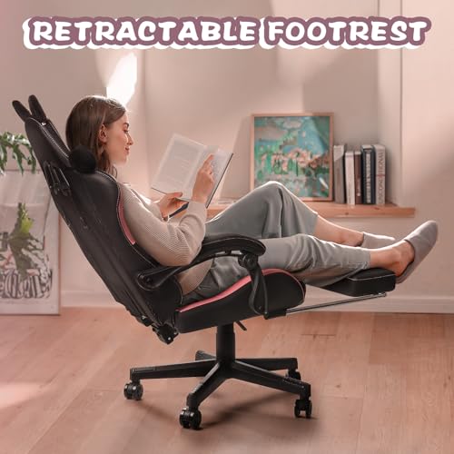 PUKAMI Pink Gaming Chair with Cat Ears and Footrest Q489025