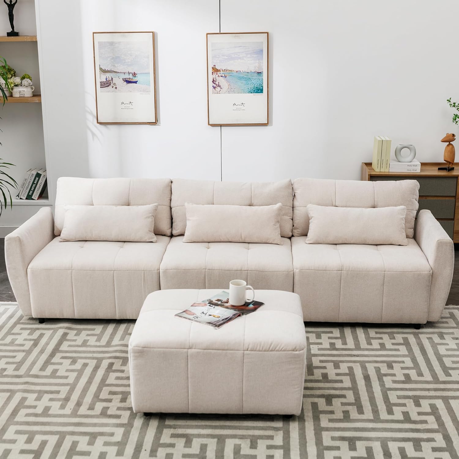 Oversized 114" Convertible Sectional Sofa with Ottoman, Beige X541