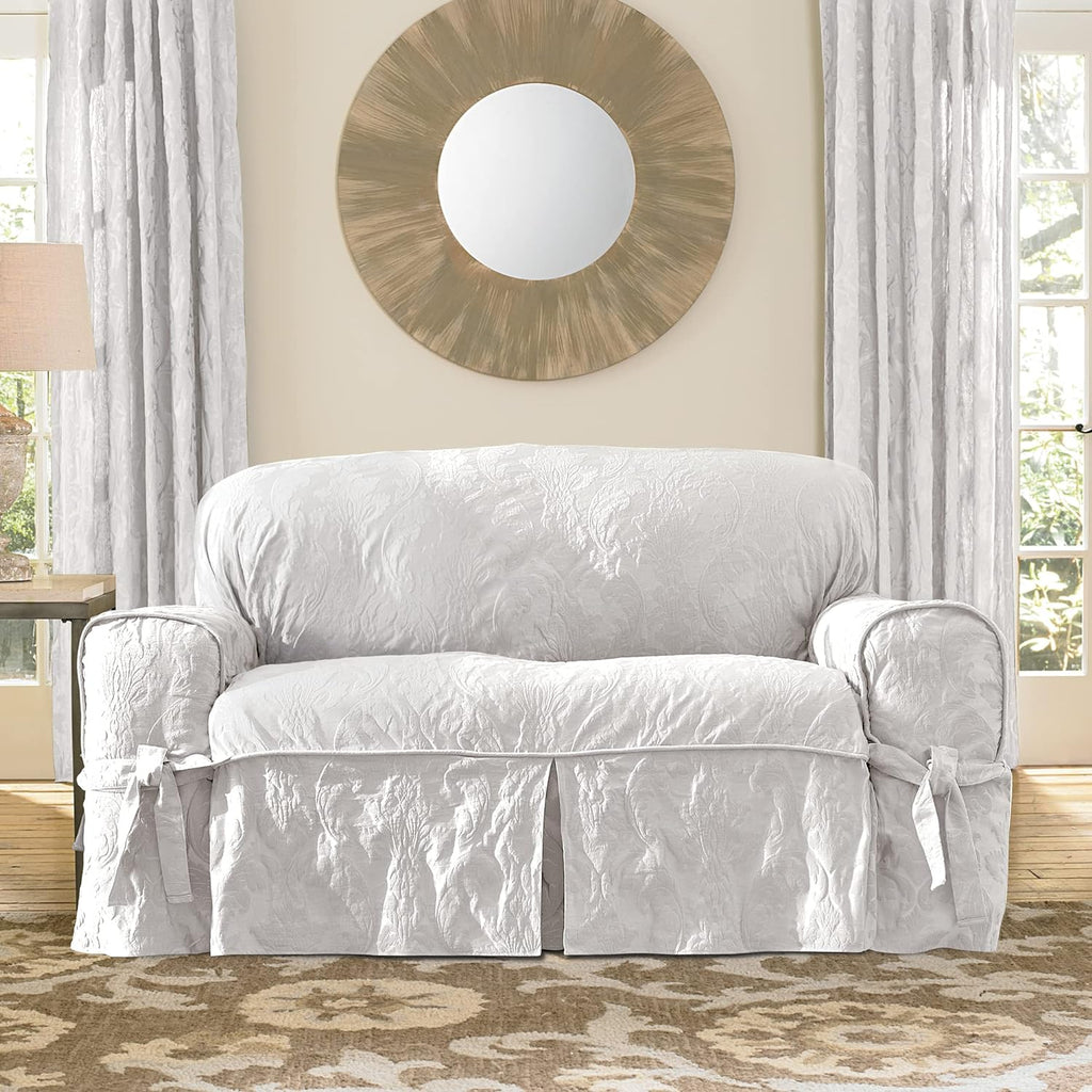 Matelasse Damask Loveseat Furniture Cover, Box Cushion, White M7041