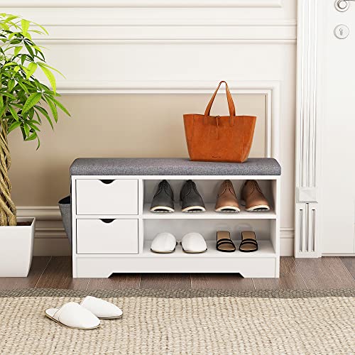 WellFurGeer Shoe Bench Entryway with Storage, Cushion, Brown + Gray N641800