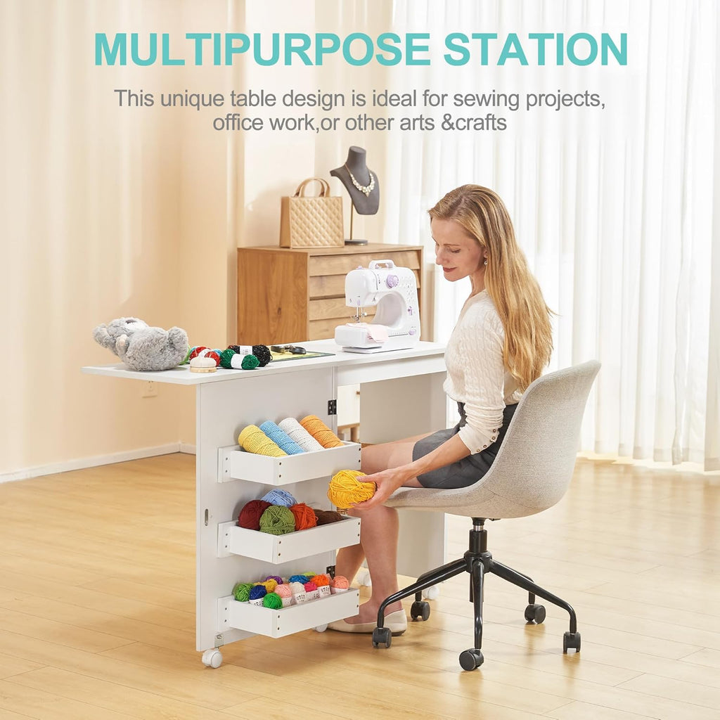 Folding Sewing Table with 3 Storage Shelves and Lockable Casters (White) C3044