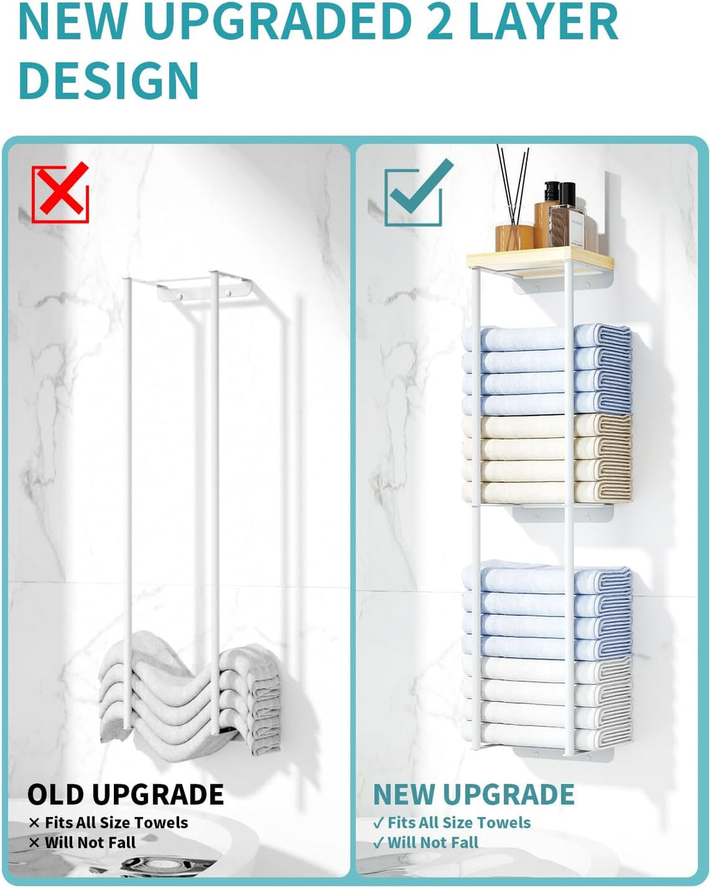 2 Tier Wall Towel Holder with Wood Shelf for Bathroom, White J676