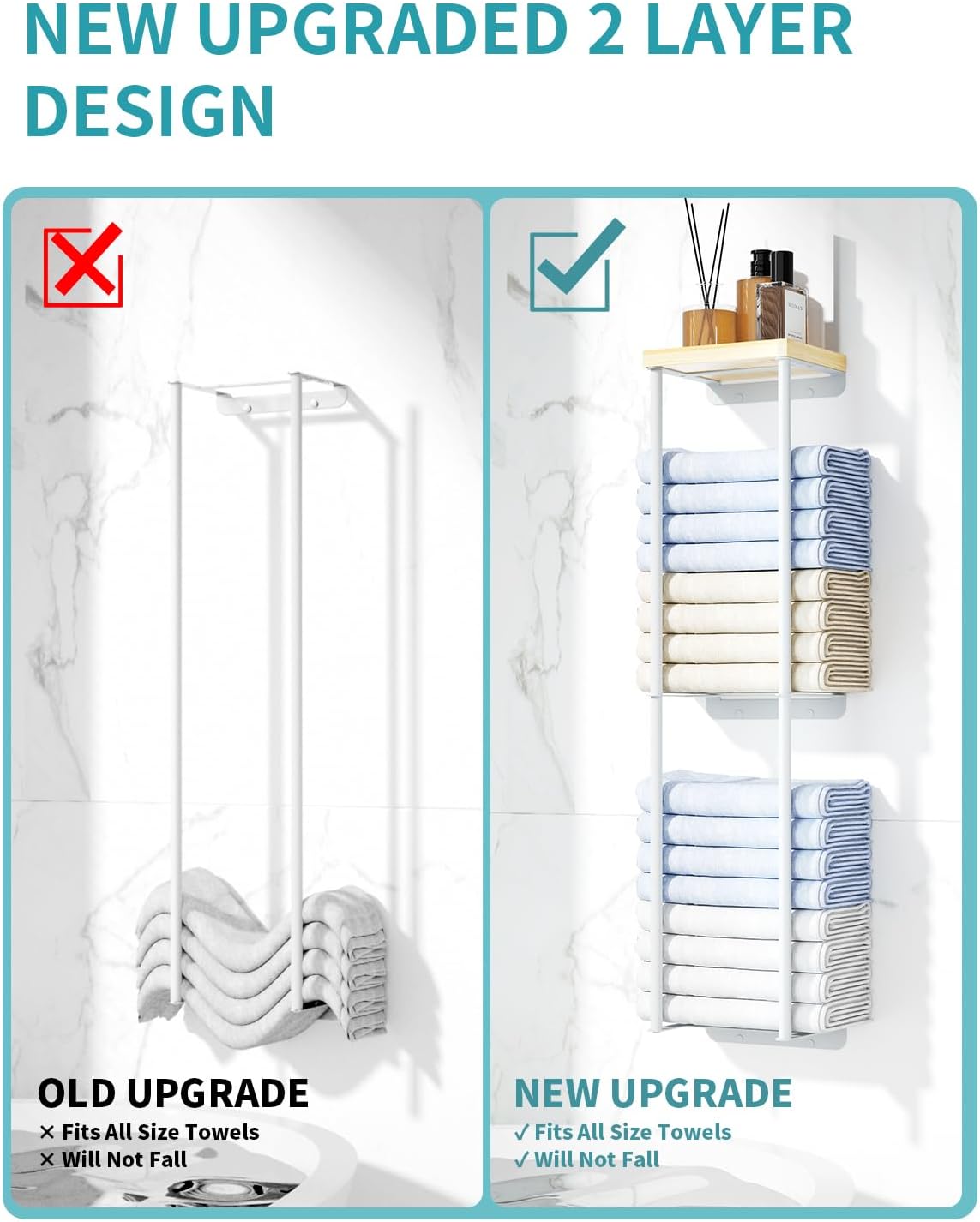 2 Tier Wall Towel Holder with Wood Shelf for Bathroom, White J676