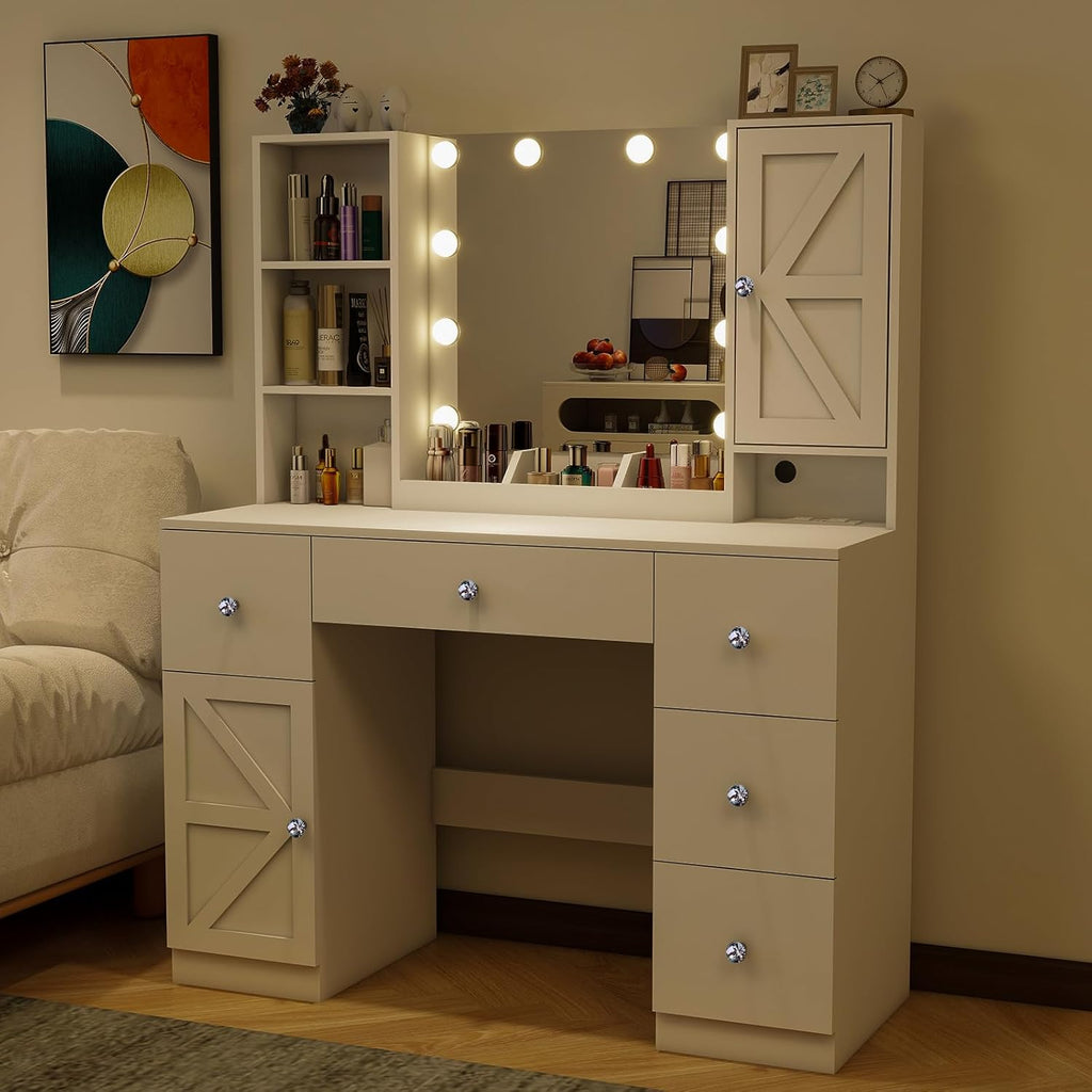 45" Makeup Vanity Desk with Lighted Mirror & Jewelry Cabinet, White J5871
