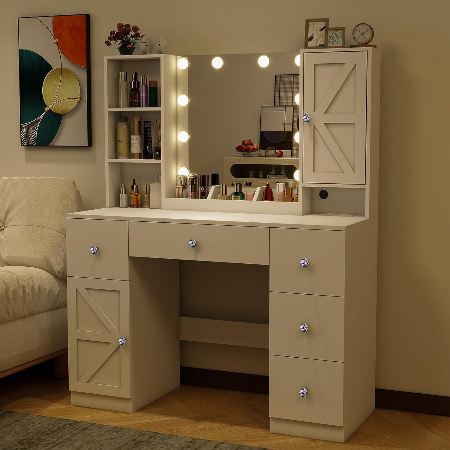 45" Makeup Vanity Desk with Lighted Mirror & Jewelry Cabinet, White J5871