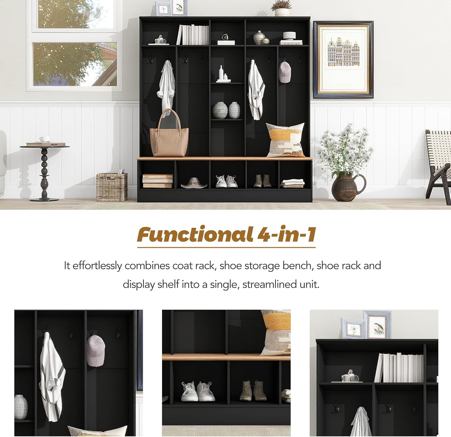 Hall Tree with Storage Bench and 8 Hooks, Black F639396