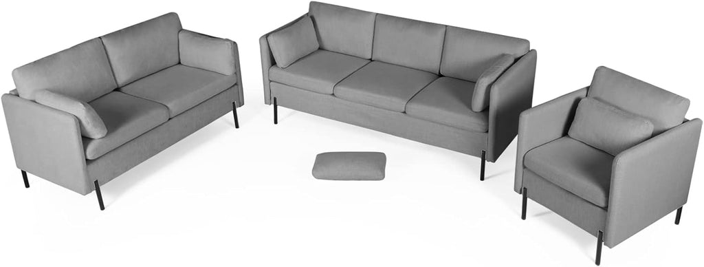 3 PCS Living Room Sofa Set, Modern Upholstered Armchair Loveseat Couches with Pillows, Grey J3915