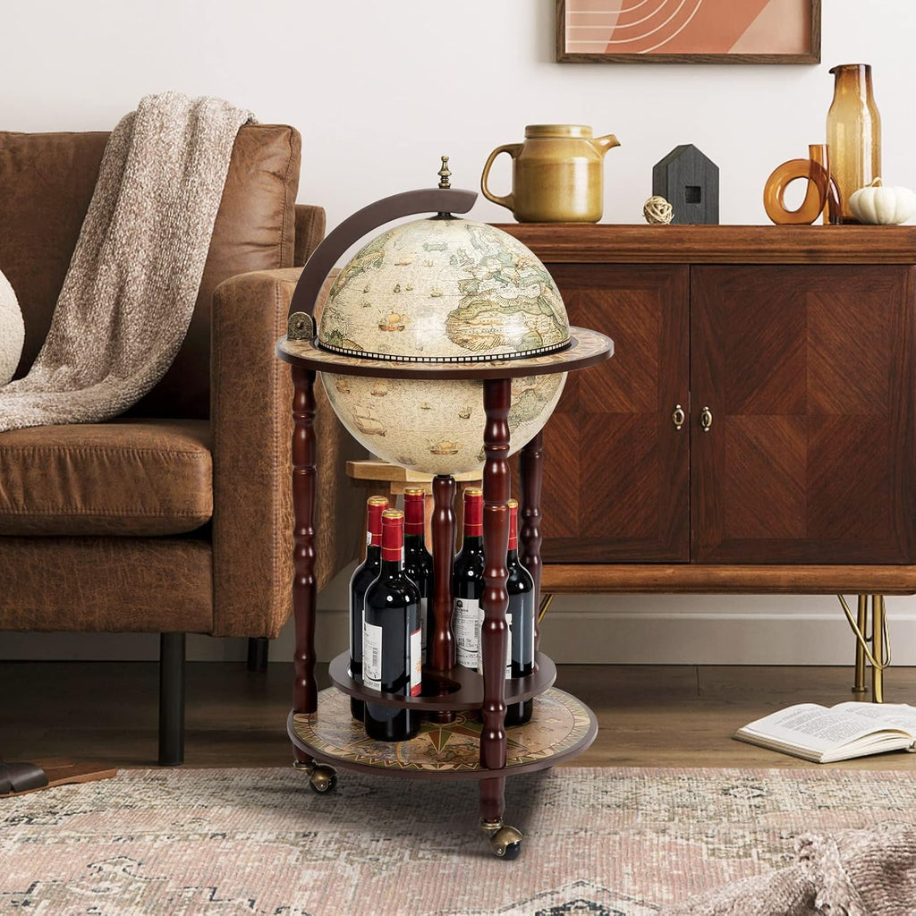 Wood Globe Wine Bar Stand with Wheels, Creamy White T9135