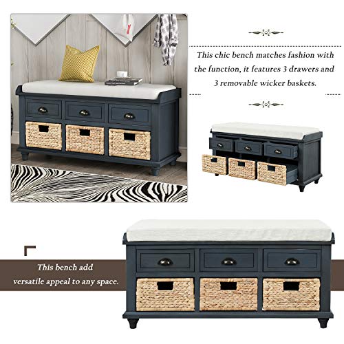 Navy Wood Shoe Storage Bench with Cushion and 2 Drawers E532