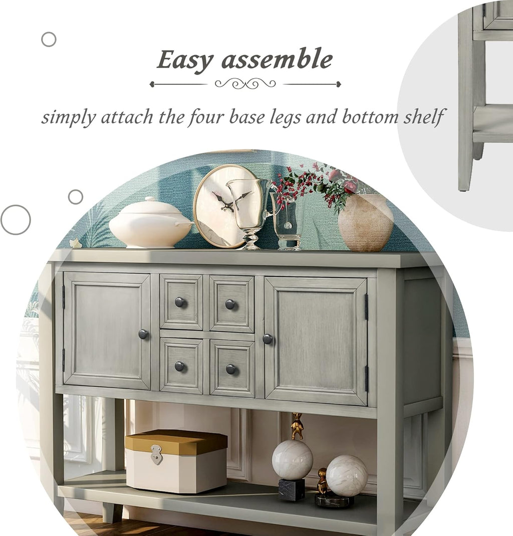 Farmhouse Vintage Console Table with 4 Drawers and Bottom Shelf, Solid Wood, Antique Gray F702450