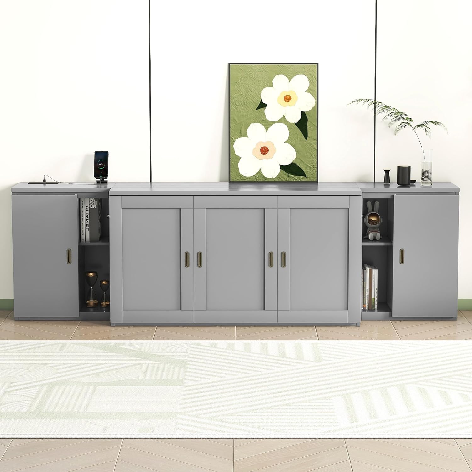 UBGO Queen Murphy Bed with Storage Shelves and USB Ports, Gray C34995