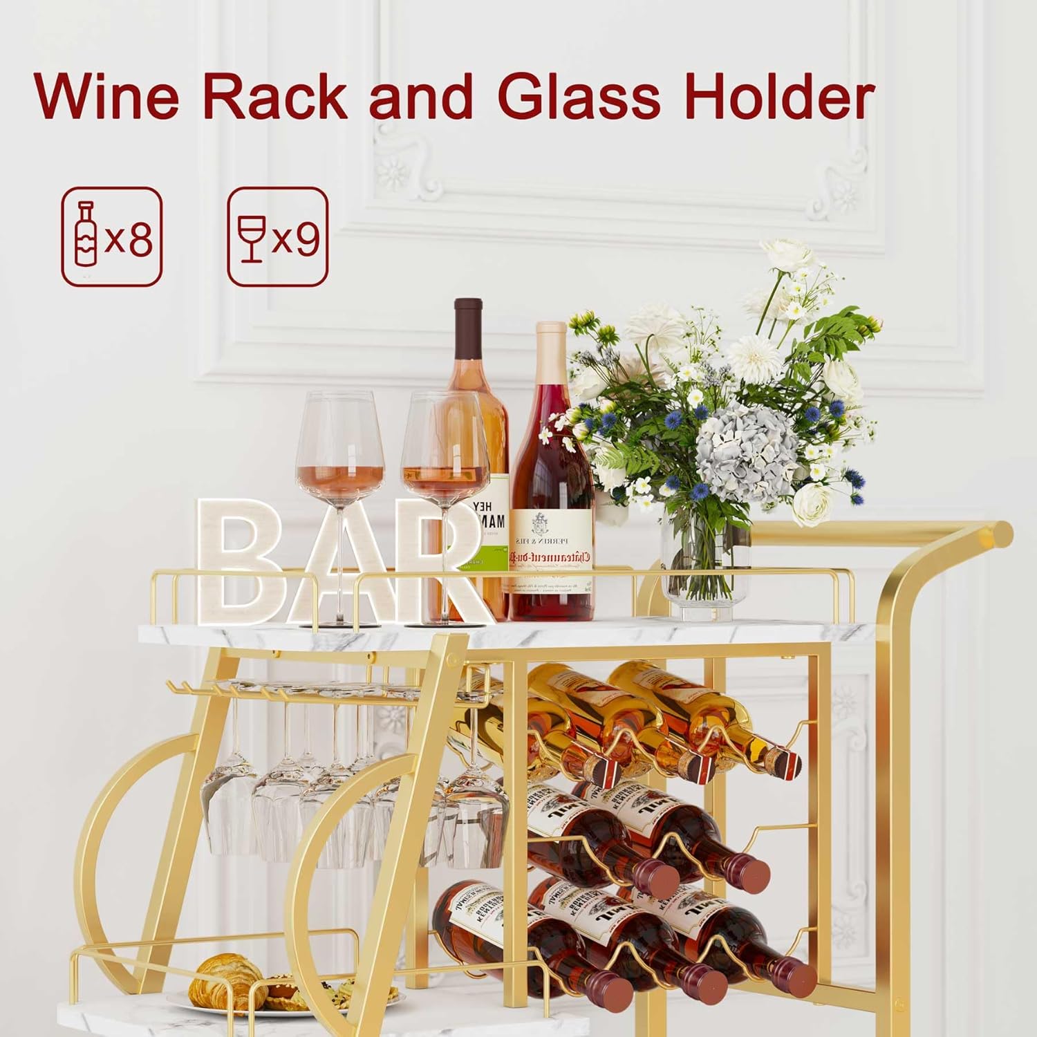 Industrial 3 Tier Mobile Gold Bar Cart with Wine Rack and Glass Holders D2731