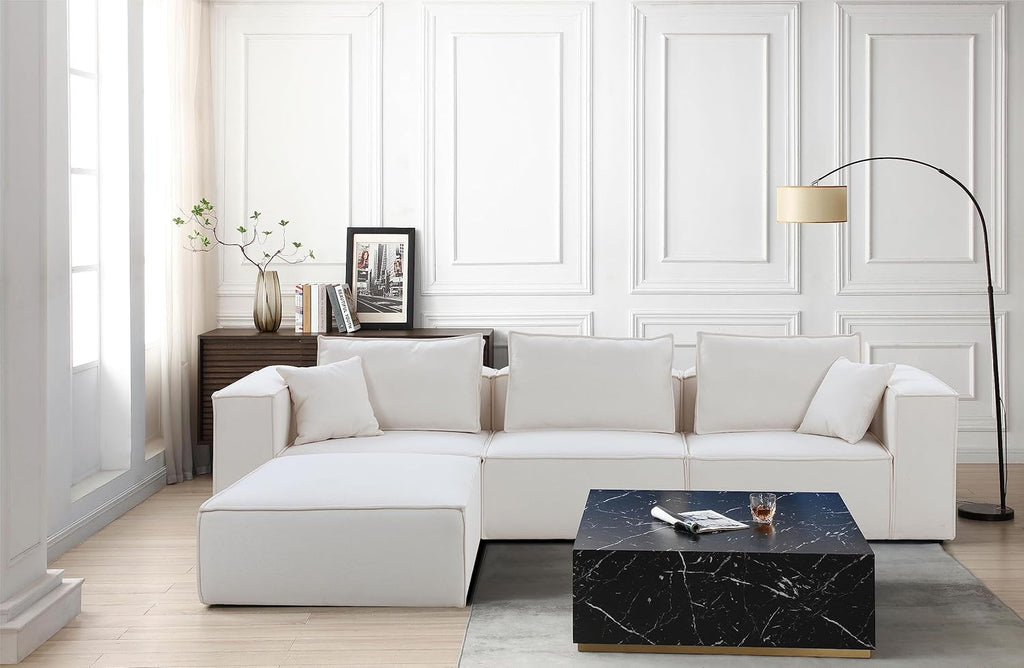 L Shaped Modular Sofa Couch with Ottoman, White Sectional Sofa with Reversible Chaise R587369