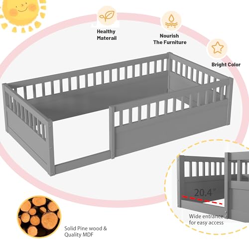 Twin Size Montessori Floor Bed for Kids with High Fence Railings, White R84810