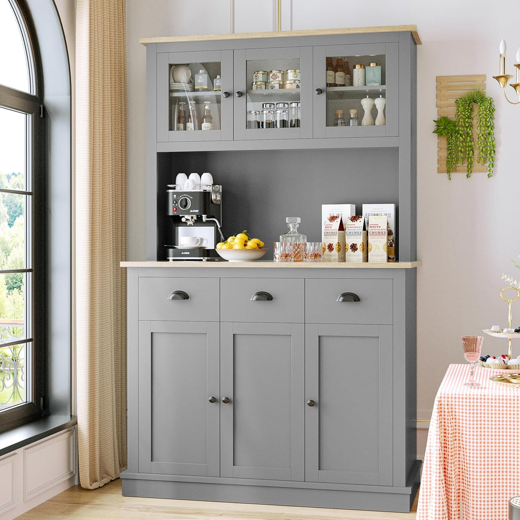 MU 71" Kitchen Hutch Storage Cabinet with Countertop, Tall Freestanding Kitchen Pantry Cabinet with Drawers, Drawers & Microwave Shelf, China Hutch for Kitchen, Dining Room, Living Room, Grey