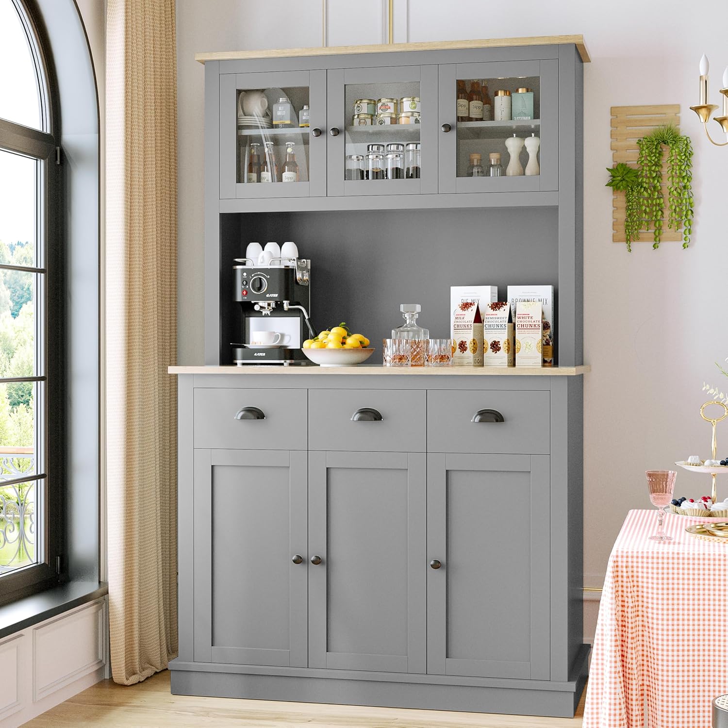 MU 71" Kitchen Hutch Storage Cabinet with Countertop, Tall Freestanding Kitchen Pantry Cabinet with Drawers, Drawers & Microwave Shelf, China Hutch for Kitchen, Dining Room, Living Room, Grey